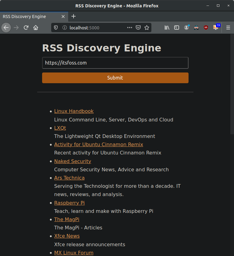 RSS Discovery Engine Screenshot