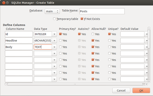Screenshot of creating a table with SQLite Manager.
