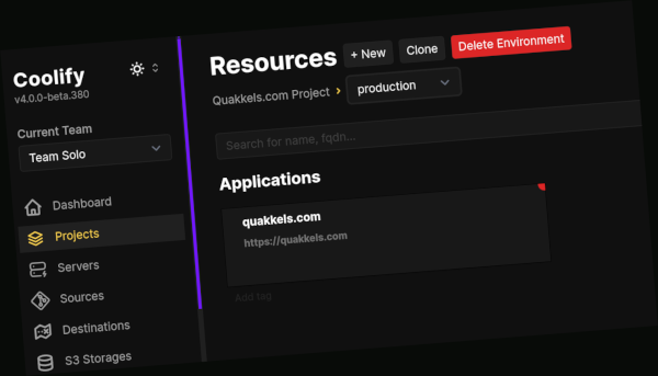 Screenshot of the Coolify web interface showing quakkels.com as a project.