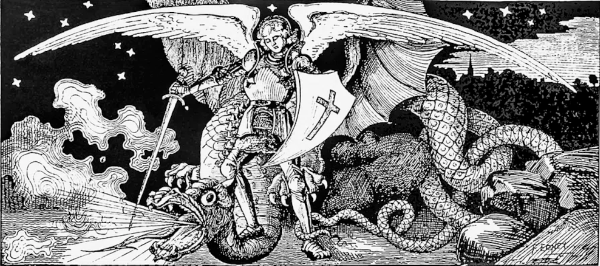 Public domain illustration of an archangel battling a beast that looks like a dragon.