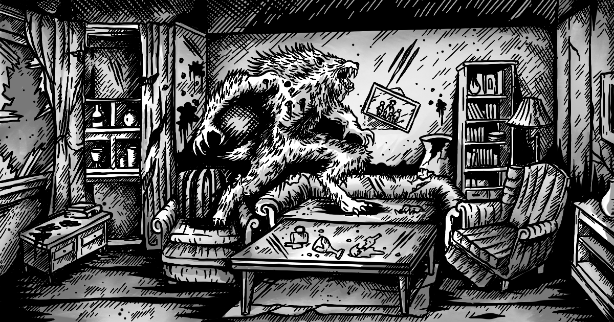 Image depicting a werewolf terrorizing a home at night.